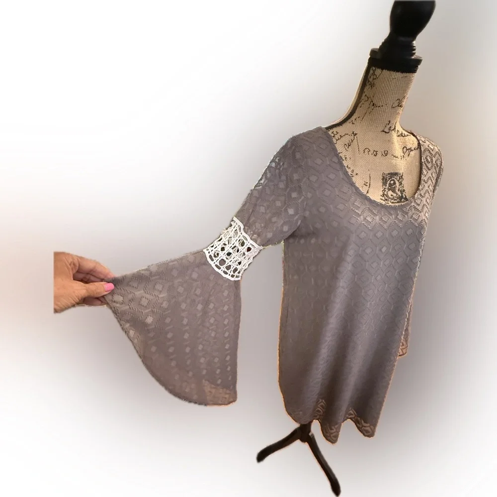 VaVa by Joy Han Bohemian Dress Taupe Big Bell Sleeves Size L Lace Trim Lined - Picture 2 of 14